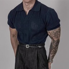 Men Hollow Lapel T Shirt Knitted Texture Fabric Korean Style for Daily Outings