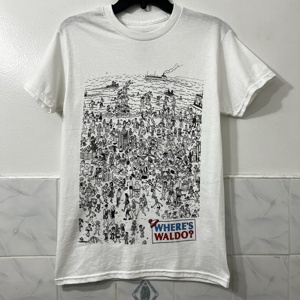 Where’s Waldo Beach Graphic T-Shirt Cartoon Illustration Streetwear 80s Small