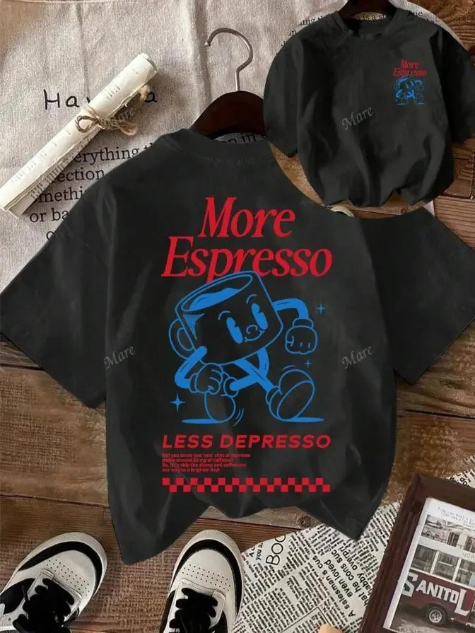 Vintage More Espresso Coffee Club Graphic Short Sleeve Round Neck Casual T-Shirt