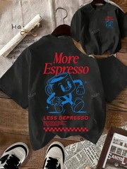 Vintage More Espresso Coffee Club Graphic Short Sleeve Round Neck Casual T-Shirt