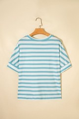 Striped V-Neck Short Sleeve Pocket Tee Shirt
