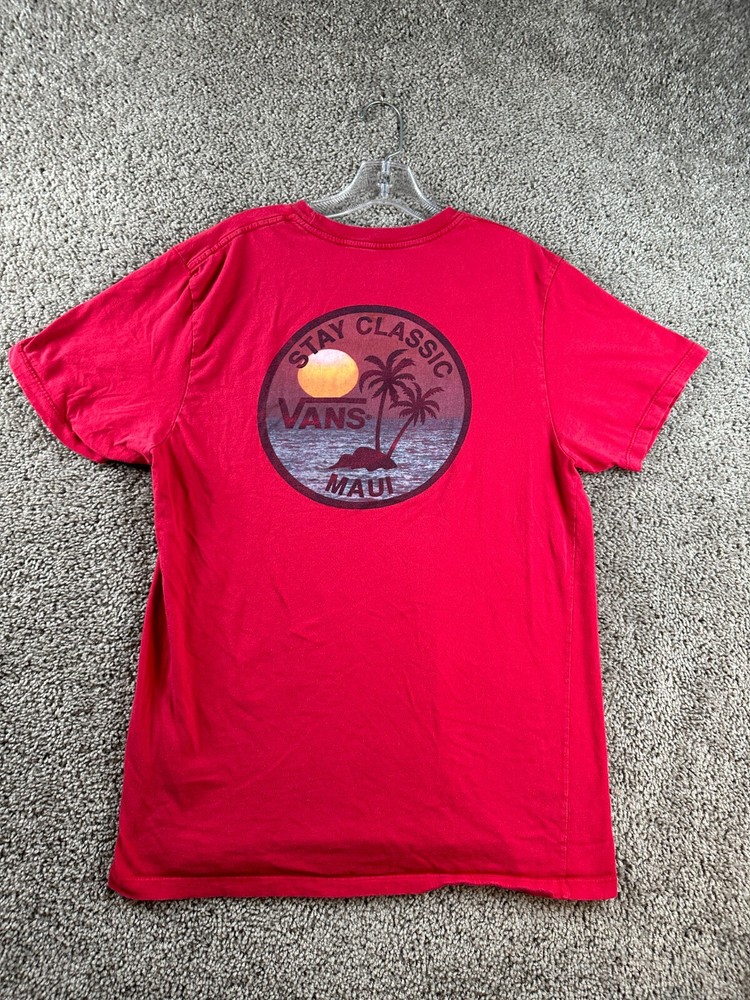 Vans Shirt Mens Large Red Blue Hawaiian Maui Sunset Palm Island Casual FLAW