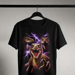 Three Raptor Moon T-Shirt Funny Dinosaur Meme Graphic Tee Black Lightning Unisex