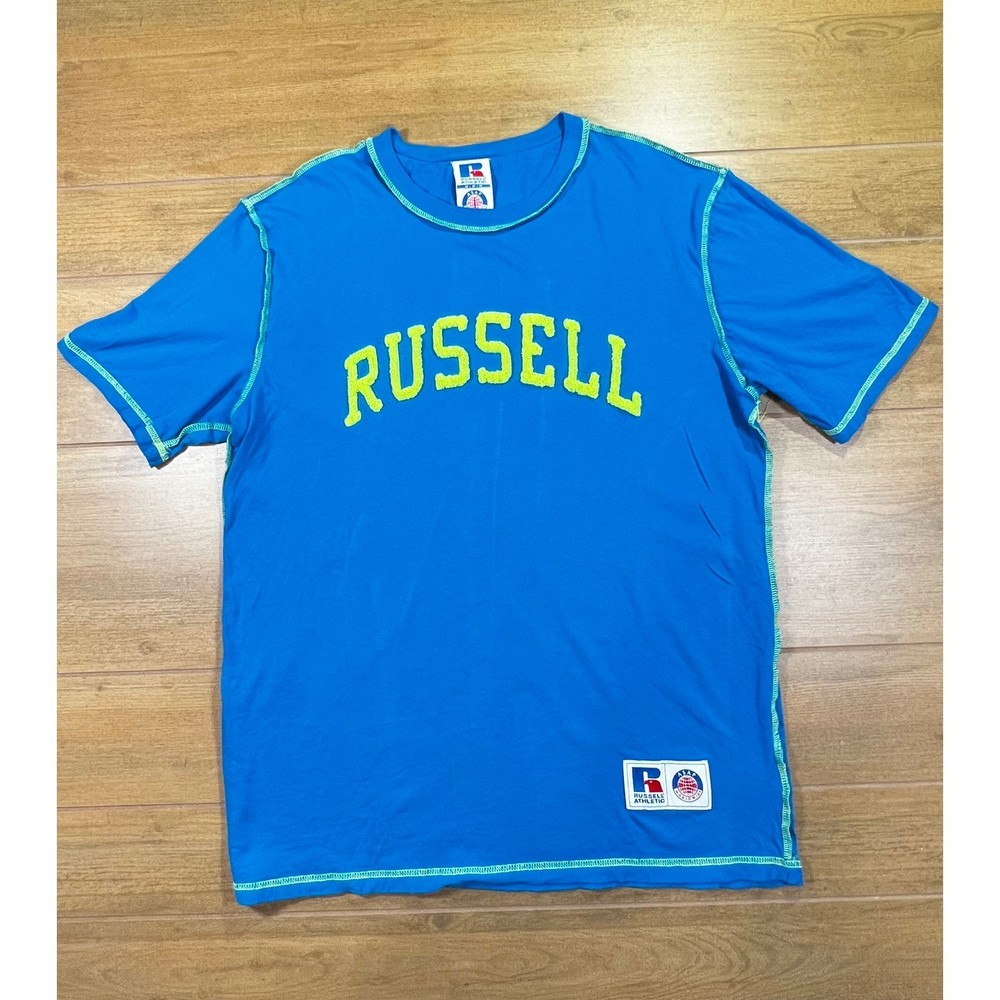 Russell Athletic Blue Yellow Stitch T Shirt Mens Medium Short Sleeve Crew Neck