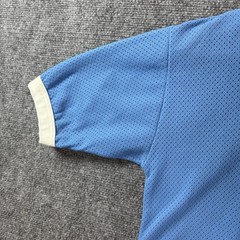 VTG 70s Nylon Mesh Flock Printed V Neck Jersey Mens M Blue Baseball Football