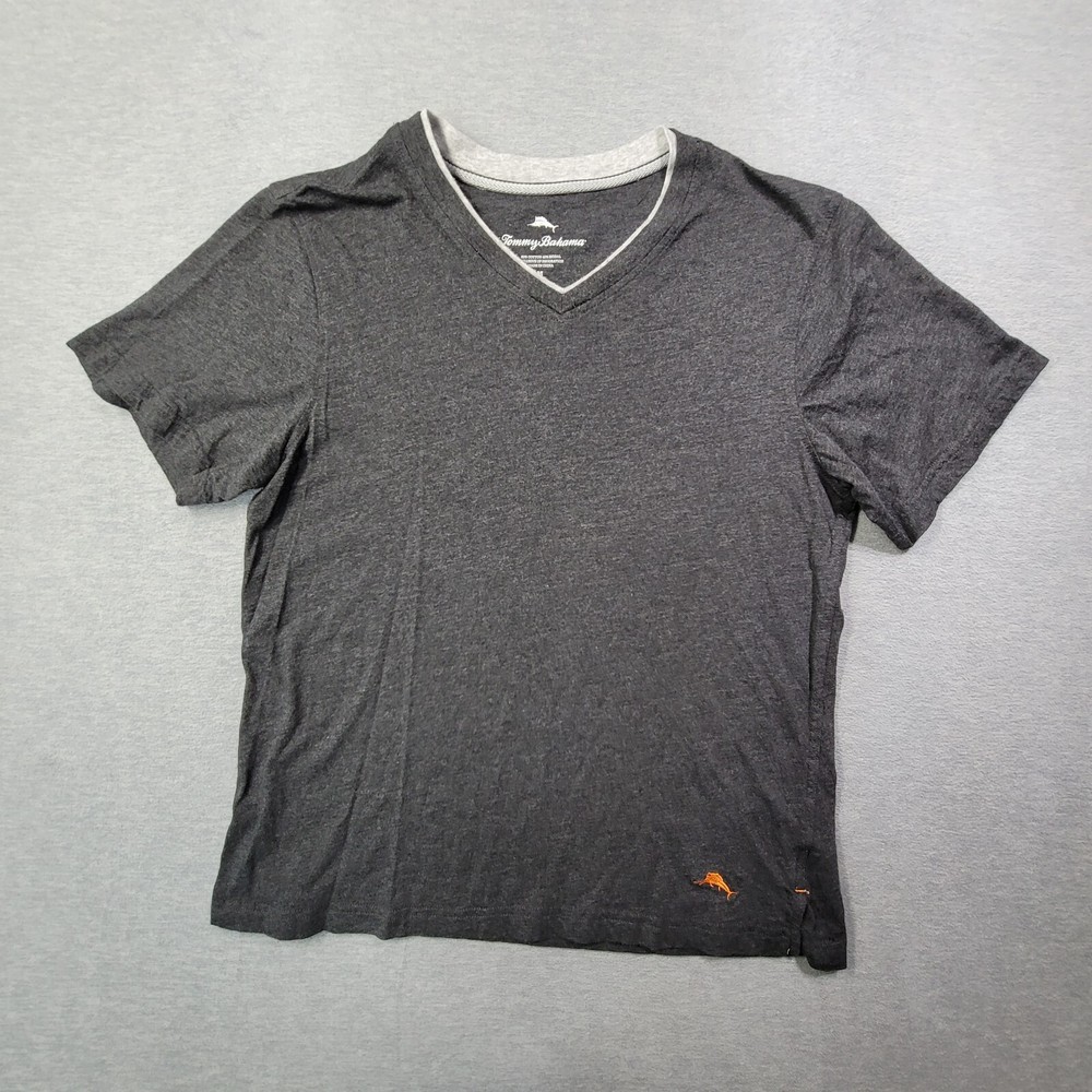 Tommy Bahama T Shirt Mens Medium Gray Solid Layered Collar V Neck Casual Logo