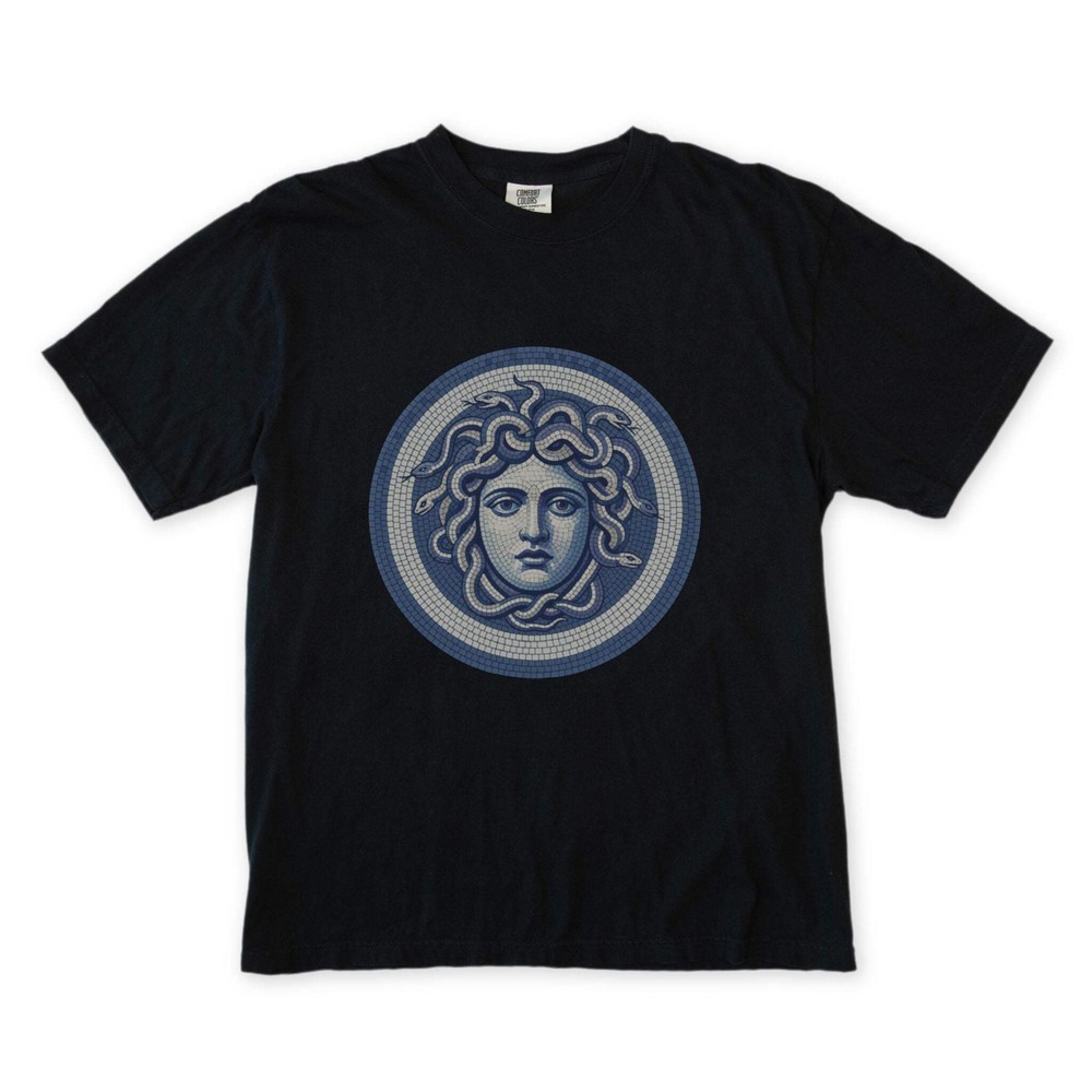 Blue Medusa Mosaic T-Shirt | Greek Mythology Gorgon Head Graphic Tee Shirt