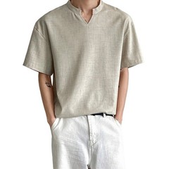 Loose Fit Men’s T-Shirt Imitation Linen V Neck Short Sleeve Summer Top