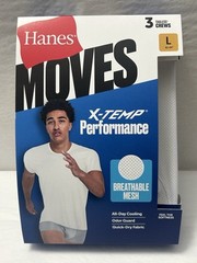 NEW Hanes Moves 3-PACK T-shirt Tee X-Temp Breathable Mesh Sz 42-44 LARGE (HB-10)