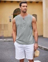 COOFANDY Men’s Cotton Linen Tank Top Shirts Casual Sleeveless Lace Up Beach L