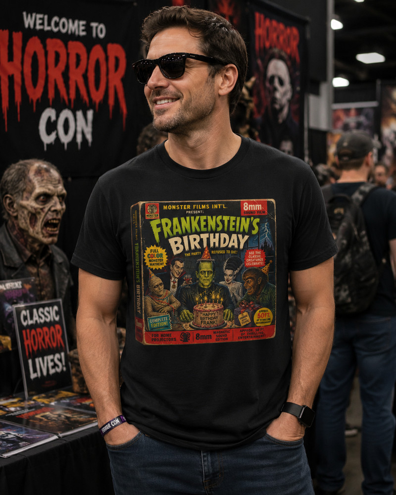 Frankenstein Birthday Shirt Vintage Monster Movie 8mm Film Box Horror Tee Unisex