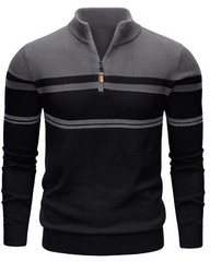 Mens Long Sleeve Sweater 1/4 Zip Winter Warm Casual Fleece Pullover Striped Polo