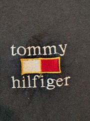 Vtg 90s Tommy Hilfiger Embroidered Lowercase Spellout Black Tee Shirt Large