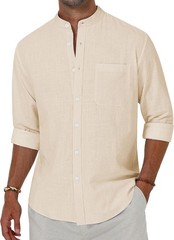 Men’s Linen Button Down Shirt Long Sleeve Band Collar Casual Beach Top
