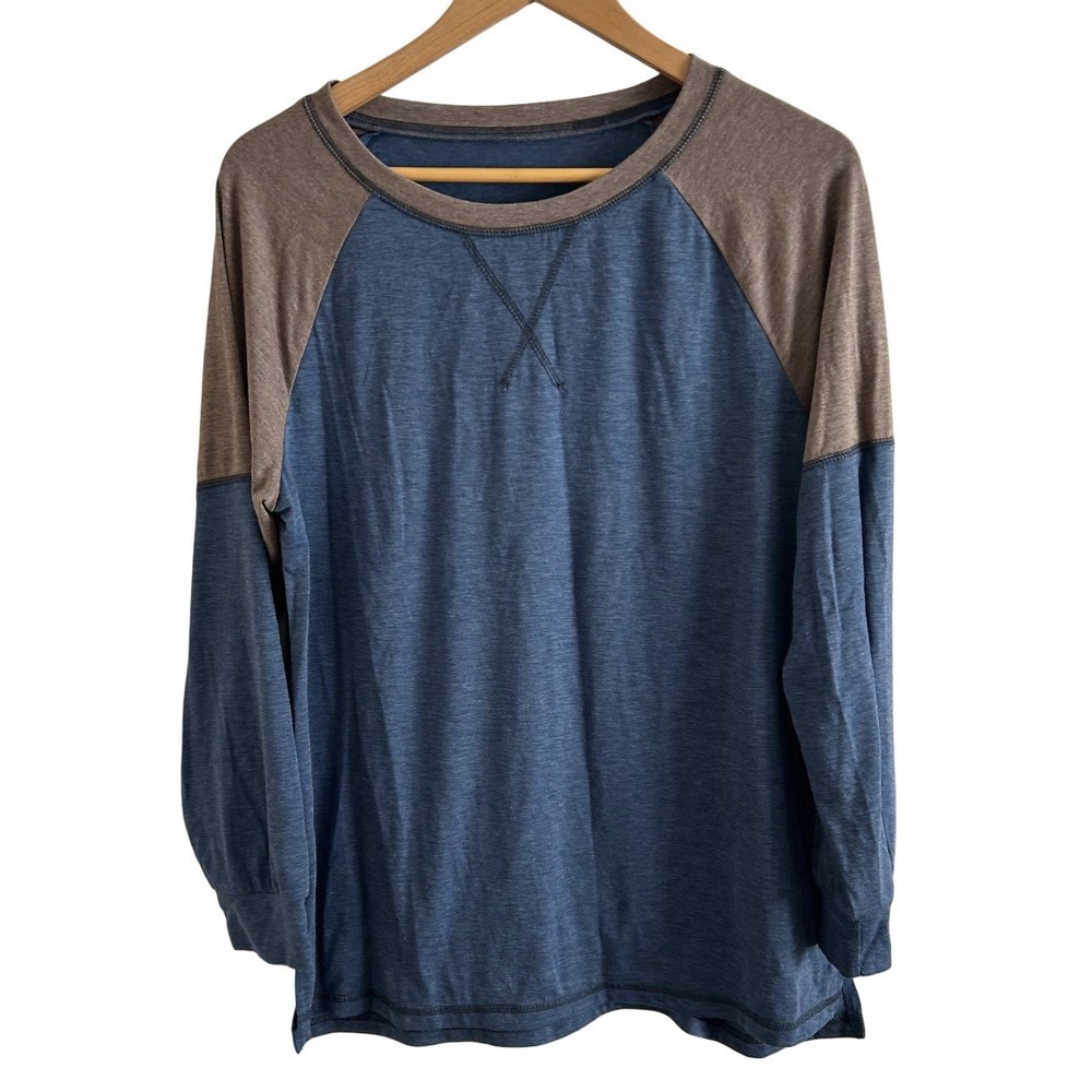 Unisex M Brown Blue Henley Shirt Long Sleeve Lightweight Casual Pullover Comfort