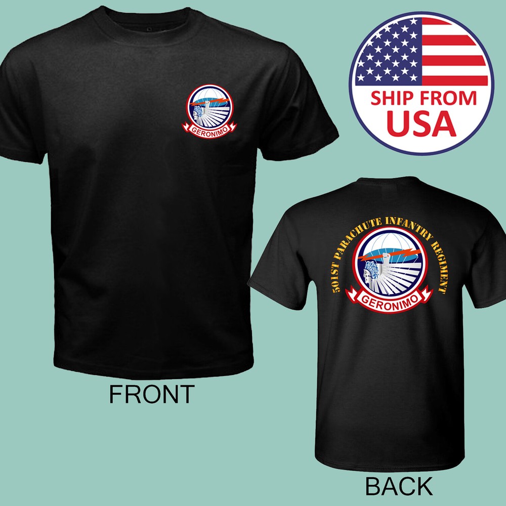 Geronimo 501st Airborne Parachute Infantry Men’s Black T-Shirt Size S to 5XL