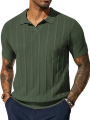Mens V-Neck Knit Polo Shirt Textured Lightweight Breathable Summer Casual Top