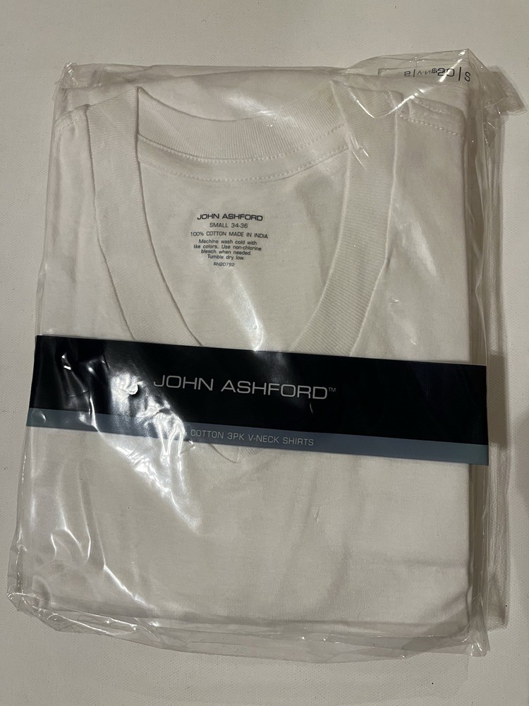 John Ashford Men’s 100% Cotton V-Neck 3 Pack White T-Shirt Size Small New