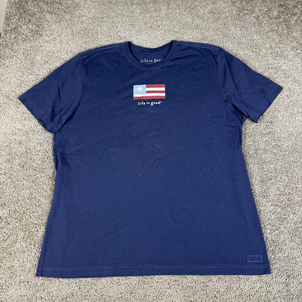 Life Is Good Shirt Mens 2XL Blue Flag Graphic Crew Neck Cotton Jersey Tagless