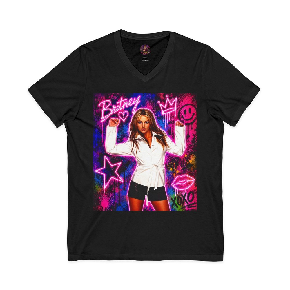 Retro Neon Pop Art V-Neck Graphic Tee Music Icon Streetwear XOXO Shirt 3005