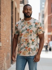 Free Planet Floral Tropical T Shirt Mens Large Beige Cotton Beach Casual Tee