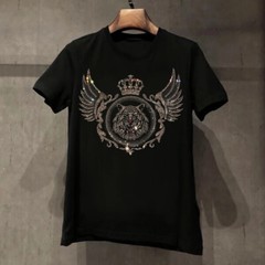 New Fashion Tiger Trend Rhinestones Summer Short Sleeve Luxury Men Black T-Shirt