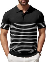 Men’s Striped Knit Polo Shirt Lightweight Short Sleeve Casual Collared Golf Tee