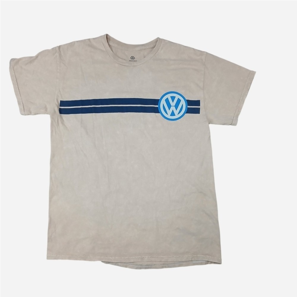 VW Volkswagen T-Shirt Tan Retro Logo Racing Stripes Graphic Tee [M]
