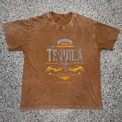 Vintage Tequila Graphic T-Shirt Brown Acid Wash Distressed Tee Men’s XL 23×28