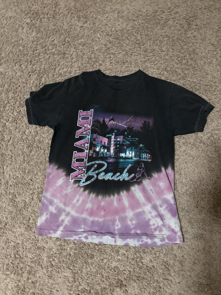 PacSun Men’s Black/Purple/White Tie-Dye Miami Beach Graphic Tee S