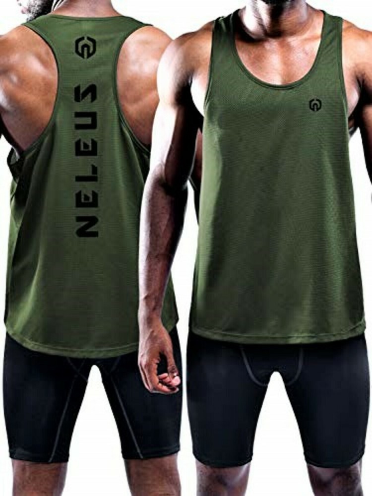 NELEUS ‘Dry Fit Logo Muscle’ Mesh Tank Top Mens M Gym Workout Exercise Olive NEW