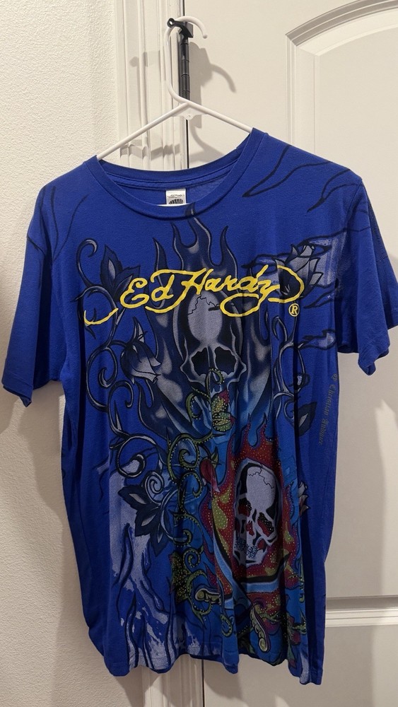 Ed Hardy Men’s Blue Skull Logo Graphic Print Tee Short Sleeve Crew Neck M Y2K