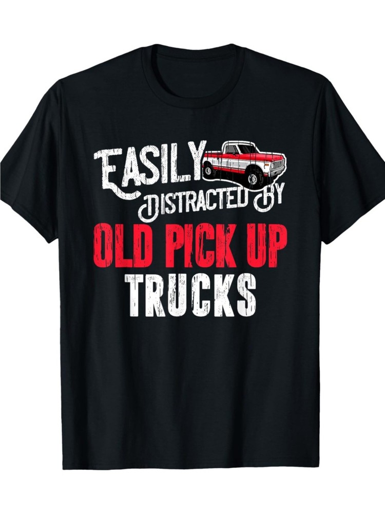 Mens T-Shirt 220g Easily Distracted By Old Pickup Trucks Classic Cars T-Shirt |