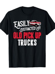 Mens T-Shirt 220g Easily Distracted By Old Pickup Trucks Classic Cars T-Shirt |