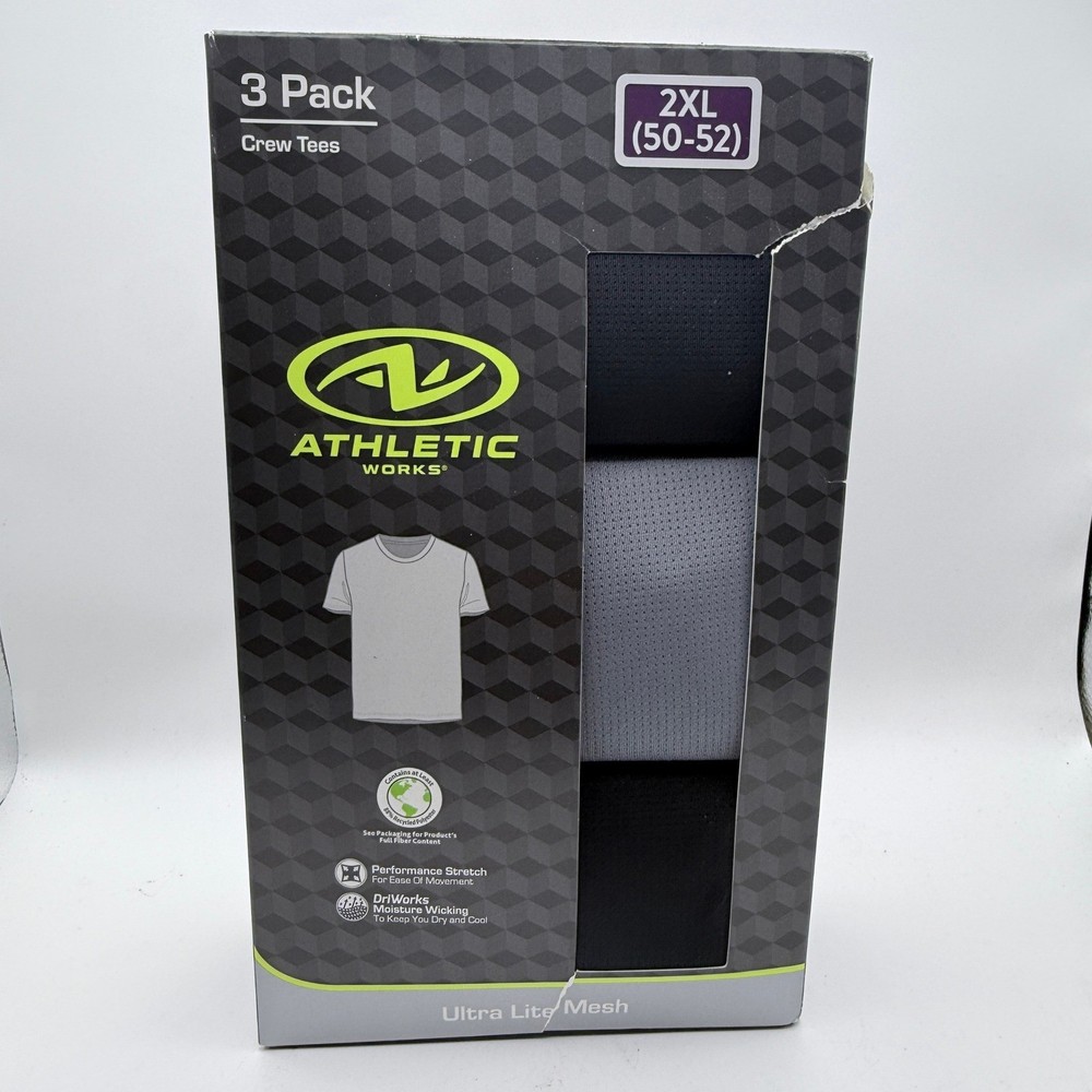 Athletic Works Crew Tees Mens 2XL 3-Pack Ultra Lite Mesh Black Grey