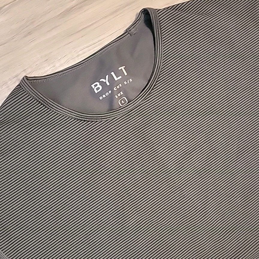 BYLT Drop Cut L S Lux Shirt Mens Large Gray Black Striped Short Sleeve