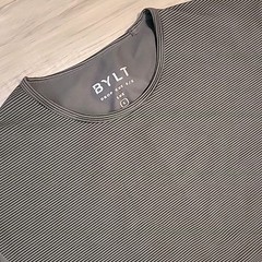 BYLT Drop Cut L S Lux Shirt Mens Large Gray Black Striped Short Sleeve
