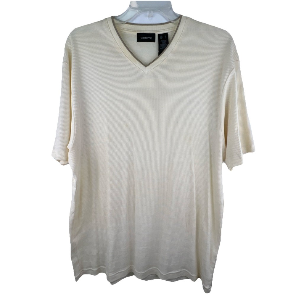 Claiborne Mens Size Large Cream with Brown Trim V-Neck Ribbed Short Sleeve Shirt
