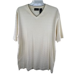 Claiborne Mens Size Large Cream with Brown Trim V-Neck Ribbed Short Sleeve Shirt