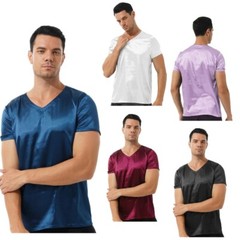 US Men Satin Silk Short Sleeve V-Neck T-Shirt Tee Blouse Nightwear Sleepwear