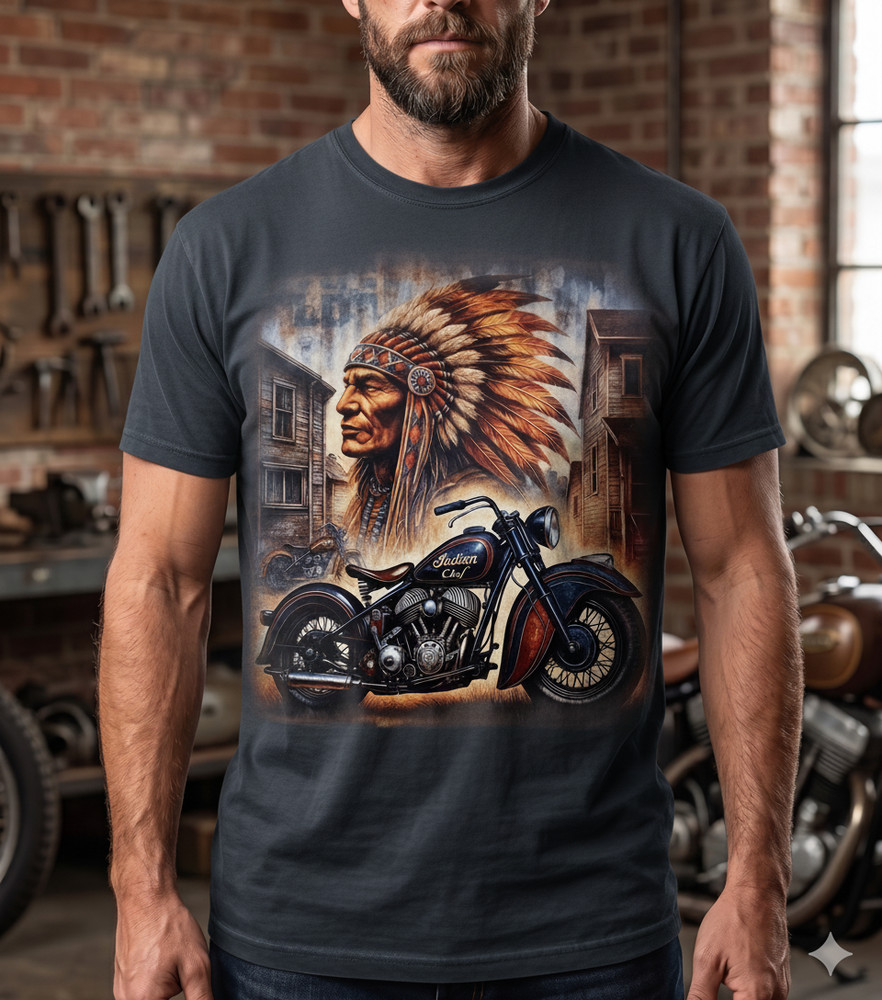 Vintage Indian Motorcycle T-Shirt Native American Chief Dark Blue Biker Tee