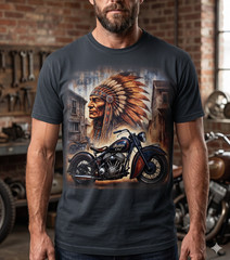Vintage Indian Motorcycle T-Shirt Native American Chief Dark Blue Biker Tee