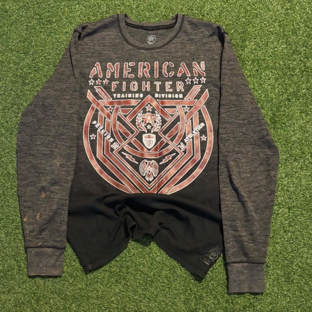 Gray and red vintage Y2K tribal thermal longsleeve t-shirt.