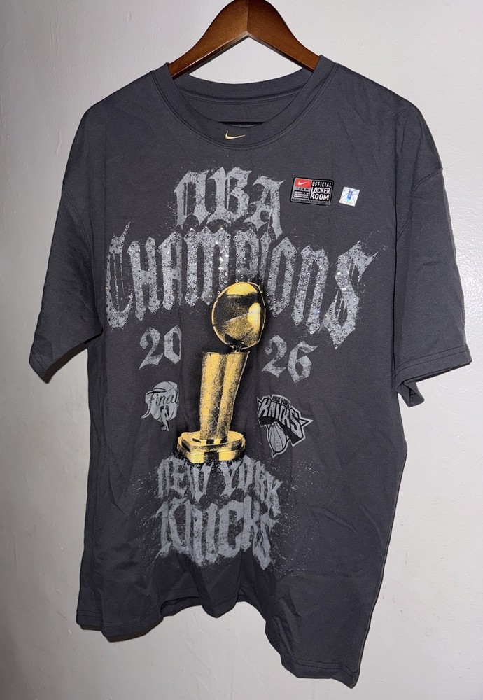 New York Knicks Nike 2026 NBA Champions Locker Room On Court Rhinestone T-Shirt