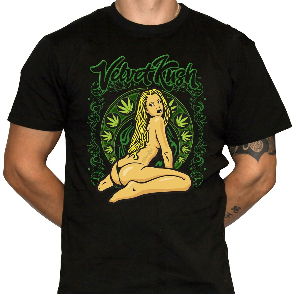 Velvet Kush Kneeling Pinup Girl T-Shirt – Marijuana Design – 100% Cotton Shirts