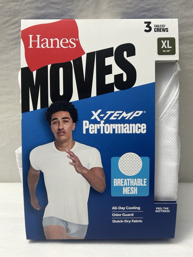 NEW Hanes Moves 3-PACK T-shirt Tee X-Temp Breathable Mesh Sz 46-48 XL (HB-9)