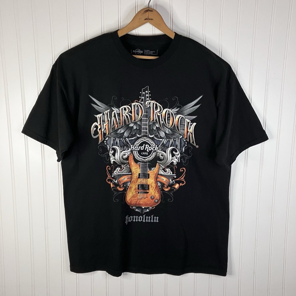 Hard Rock Cafe Honolulu Hawaiian Guitar Graphic T-Shirt Mens XL Black
