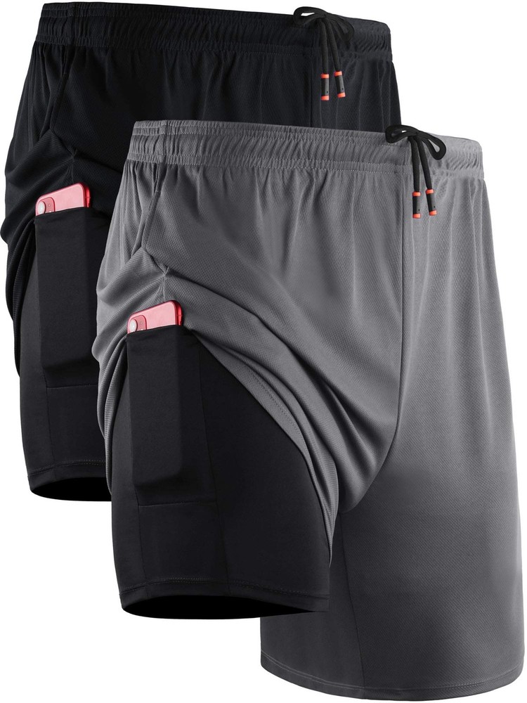 NELEUS Men’s 2 in 1 Running Shorts with Large, 6070 Black/Grey,2 Pack