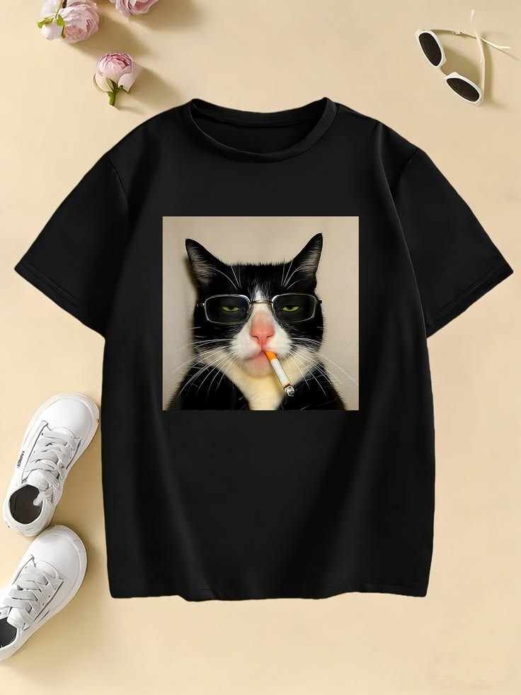 Cool Cat Smoking Glasses Funny Meme Graphic T shirt