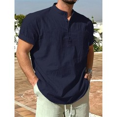 Men’s Cotton Linen Henley Shirt Short Sleeve Casual Summer Tee